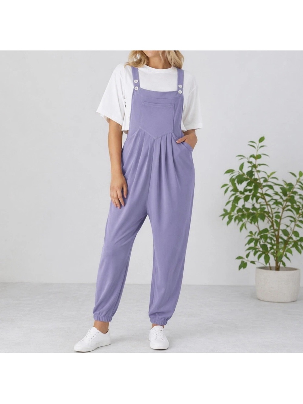 Halara Waffle Casual Jogger Overalls Sz M Purple Elastic Ankle Pockets NWT